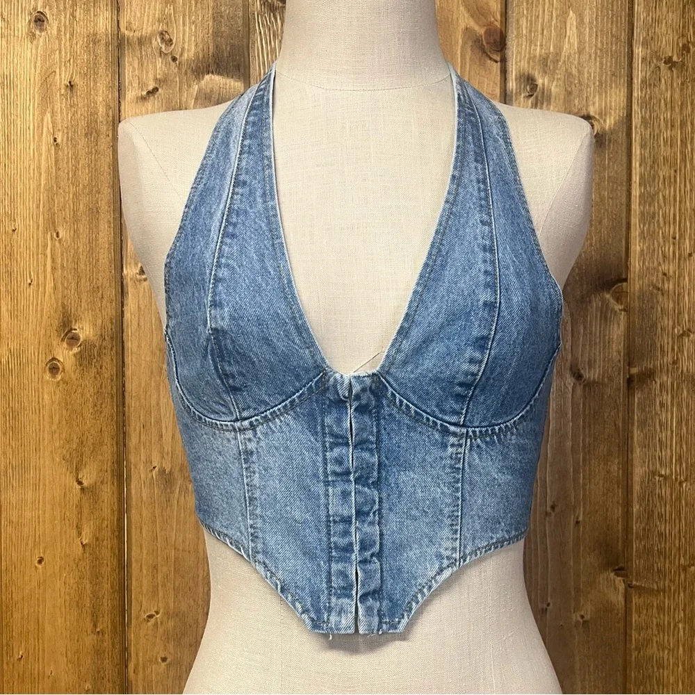 NWT Edikted Medium Denim Corset Cropped Halter Top - Picture 2 of 8